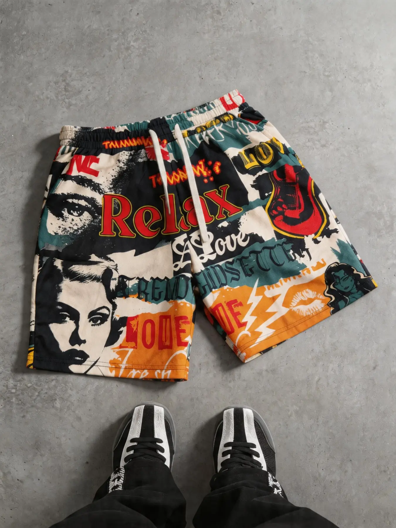 Men's summer Fashion Casual Wear Shorts, made of light and breathable fabric, Elastic, can be worn in many scenes during summer vacation at home and Outdoor, full of retro and Vintage poster printing, Y2K style, Graphic Print Shorts