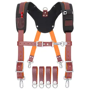 Trutuch Maroon Leather Work Suspenders With Cell Phone Pockets | Adjustable Padded Leather Tool Belt Suspenders | Carpenter | Construction | Handyman