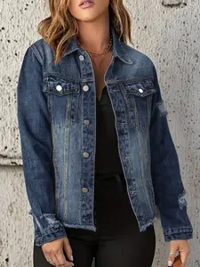 [Plus Size] Basic Solid Ripped Fitted Button Front Collared Denim Jacket Coats Womenswear, Casual Long Sleeve Pocket Outerwear for Summer, Women's Clothes for Daily Wear