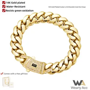 14K Gold Plated Cuban Bracelet. Stunning new gold-plated craft and classic white stone inlay design. Miami Cuban chain merges tradition and hip-hop fashion. The ultimate gift for him/her. 6mm-14mm, 7.5/8.5 inches in stock