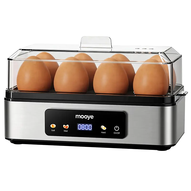 Mooye Quick Electric Egg Cooker, holds up to 8 eggs. Features soft-boiled, medium-boiled, hard-boiled, poached egg and omelet making modes, with auto shut-off function.