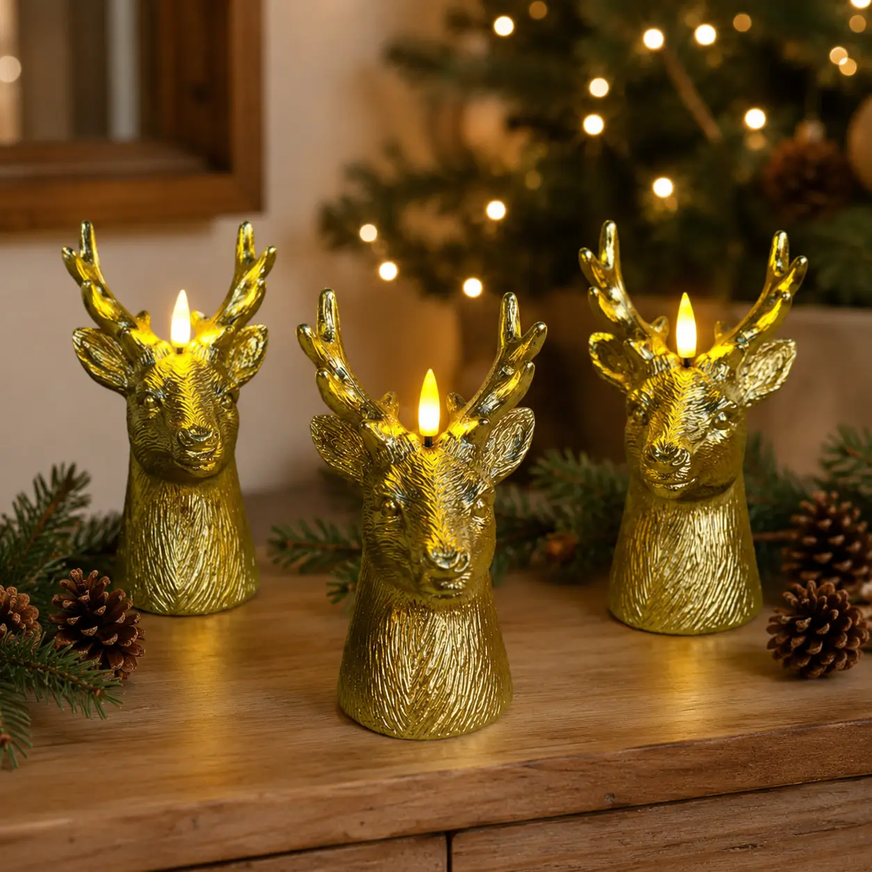 LED Deer Candle Decor, Golden Reindeer Head Flameless Candle with Flickering Flame Light, Battery Operated Holiday Table Centerpiece for Christmas Home Decoration, Winter Party Decor & Gift Idea