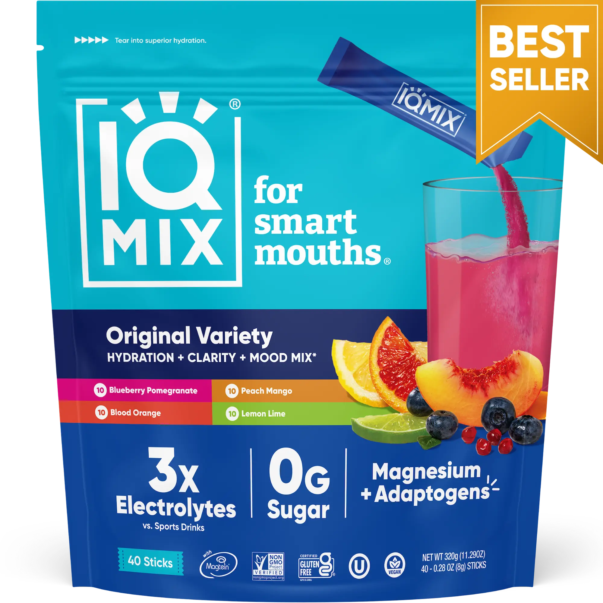 IQMIX Variety Pack (40 Sticks) - Sugar-Free Vegan Electrolytes Powder Packets, Lemon Flavor, Dairy-Free Dietary Powder Drink Hydration Supplement