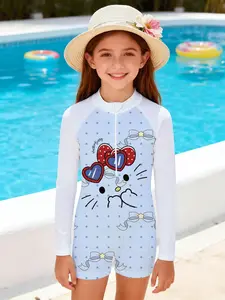 Girls' swimsuit "Polka Dot Hello Kitty Vitality Sun Protection Style" - white and blue color block + polka dot bow print long-sleeved swimsuit, cute and eye-catching, super bright for playing in water parks / beaches