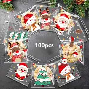 100 Pack Christmas Candy Bags, Self-Seal Disposable Opp Candy Cookies Bag, Holiday Cartoon Print, Perfect for Festive Gifts and Party Treats