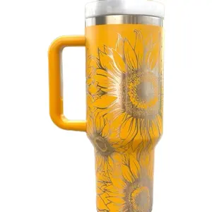 Sunflower Tumbler with Handle - Laser Engraved, Perfect for Your Drinks - Drinkware, Bottle