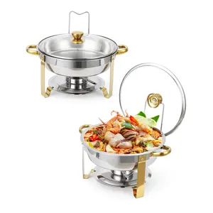 2 Pack Chafing Dish Set, 5 QT Round Buffet Server with Glass Lid, Stainless Steel Food Warmer with Gold Rim for Catering Parties Weddings