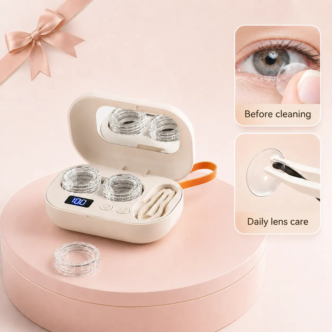 Ultrasonic Rechargeable Contact Lens Cleaner with Vanity Mirror - Single Item Portable Case, 2 Cleaning Modes for Hard & Soft Lenses, Deep Cleaning for Travel & Home Use