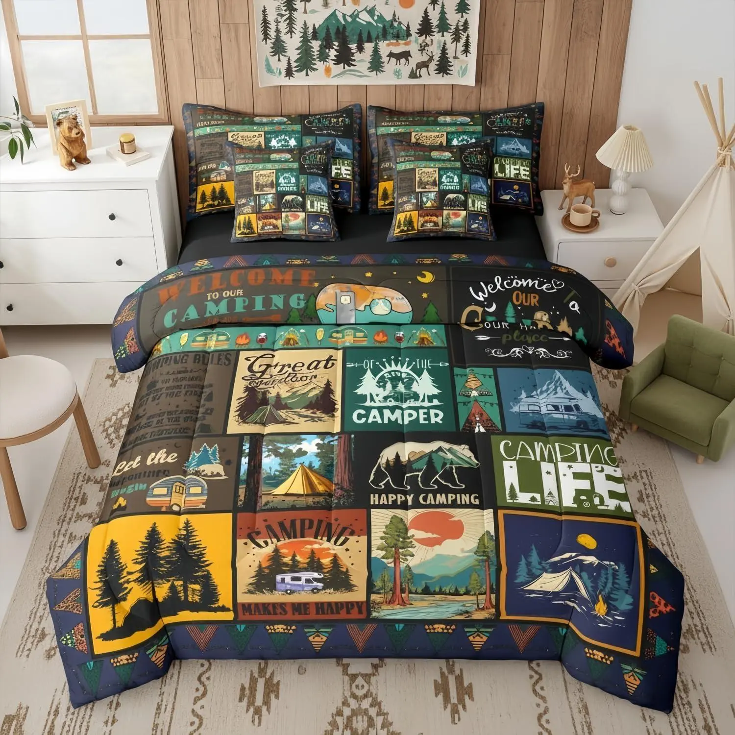 7Pcs Camper Comforter Set Camping Themed Bedding Sets with Sheets RV Camping Decor,Country Farmhouse Quilts Bed Set with Fitted Sheet Travel Trailers