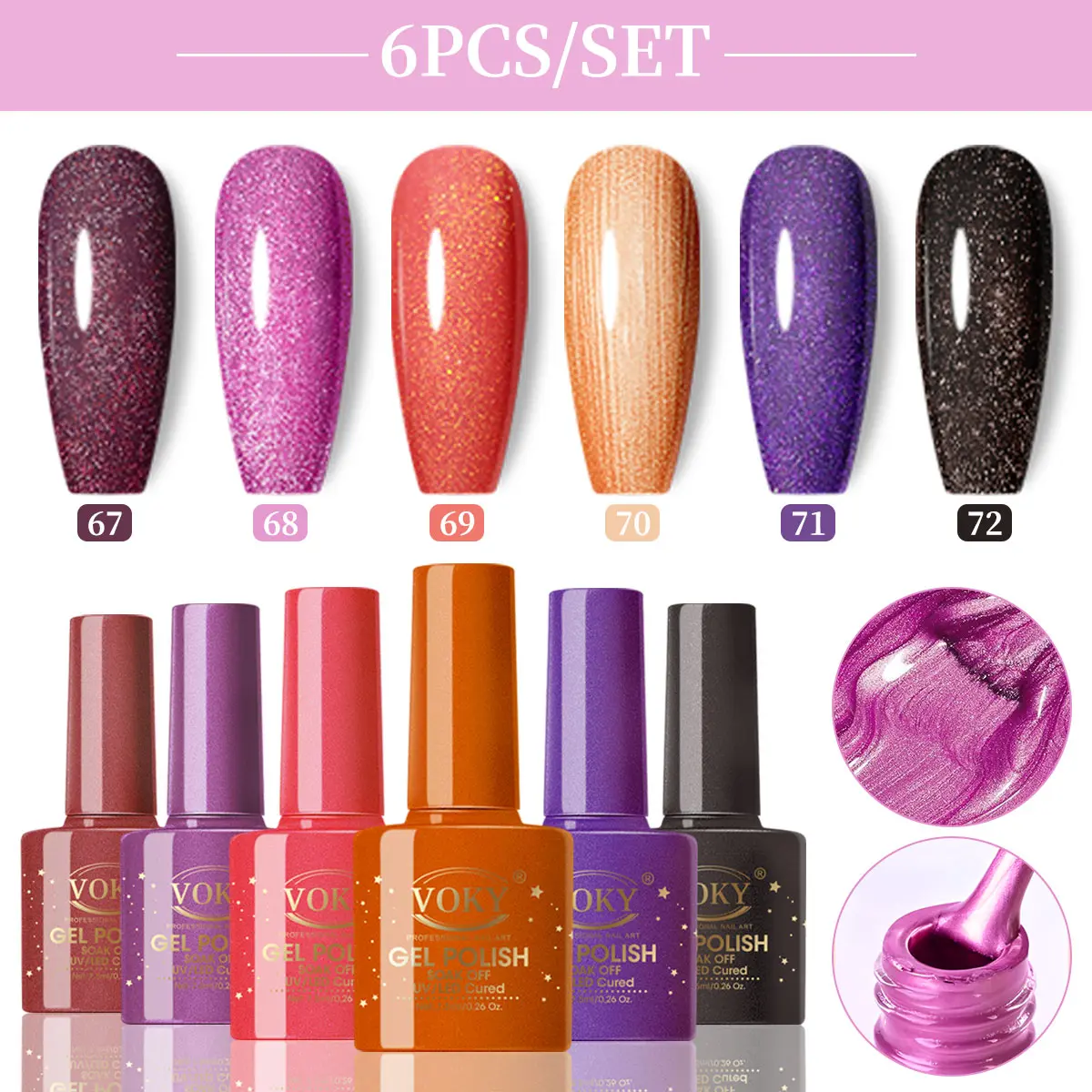 Gel Nail Polish Set, Glamorous Metallic & Glitter Collection - 6 Colors Including Pink Glitter & Vibrant Metallics, Long-Lasting Soak-Off UV/LED Formula for a Manicure Glow Up, Nail Products, Manicure Gels, Gel Nails At Home, Bottle