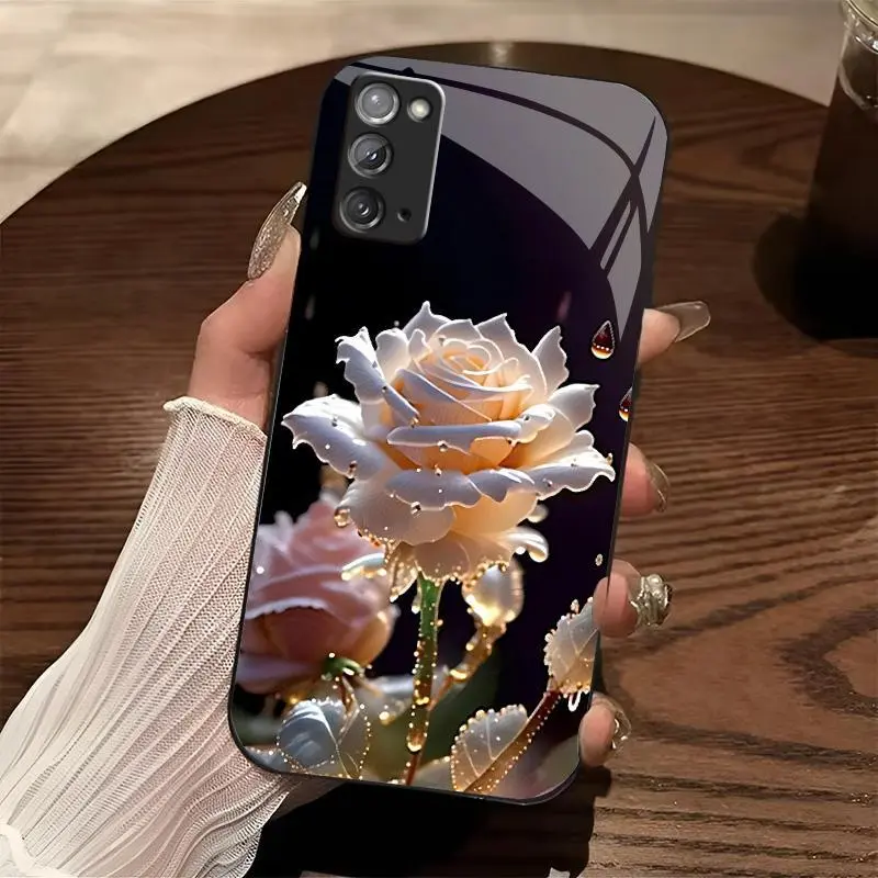 Luxury Rose Glass Smartphone Case, Shockproof Floral Cellphone Casing with Camera Protector, Mobile Phone Accessories Compatible with Galaxy Note20