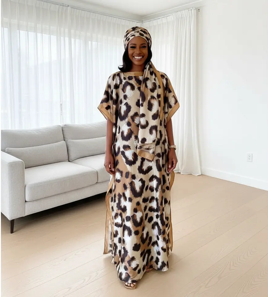Timeless & Fierce Classic Leopard Print Silky Kaftan & Wrap Set Comfortable & Flowy Leopard Maxi Set