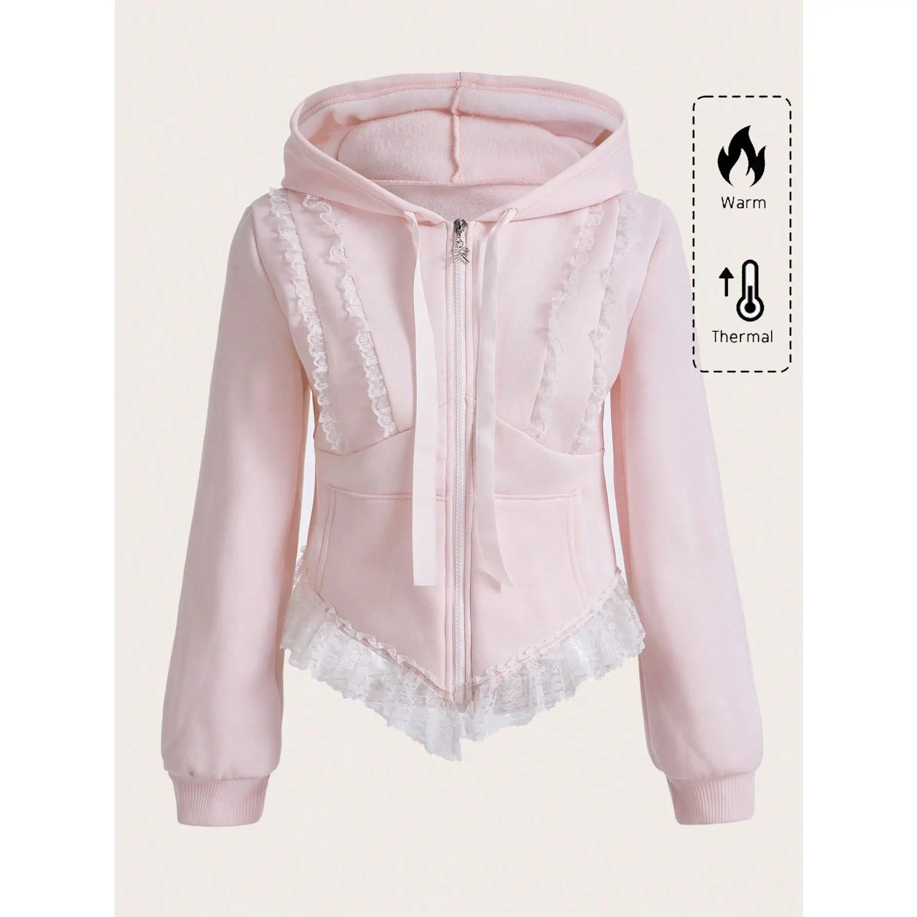 Women's Cute Kawaii Hoodie Sweatshirt, Comfy Breathable Zip-Up with Asymmetrical Hem, Lace Trim & Pockets for Streetwear, Cargo, Casual, Soft, Tops, Women's Tops, Lady, Pants