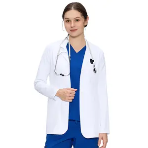 White Lab Coat for Women with 4 Pockets – Button Front Long Sleeve Consultation Coat, Soft Stretch Fabric summervibes