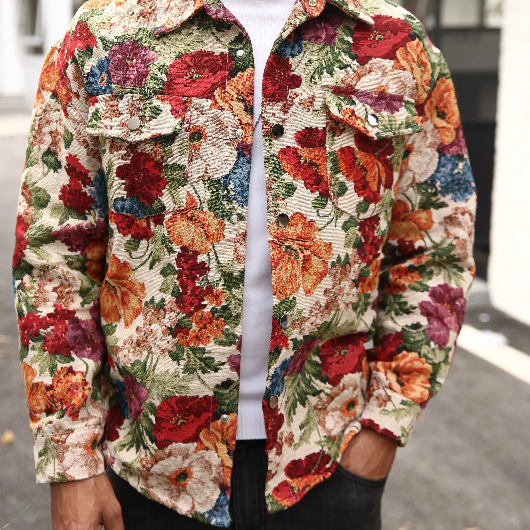 Unisex Oil Painting Floral Jacquard Workwear Jacket – Textured Jacquard Fabric, Lapel Collar, Metal Snap Buttons, Dual Chest Pockets, All Over Print, Relaxed Straight Fit, American Retro Y2K Street Style for Music Festivals & City Walks