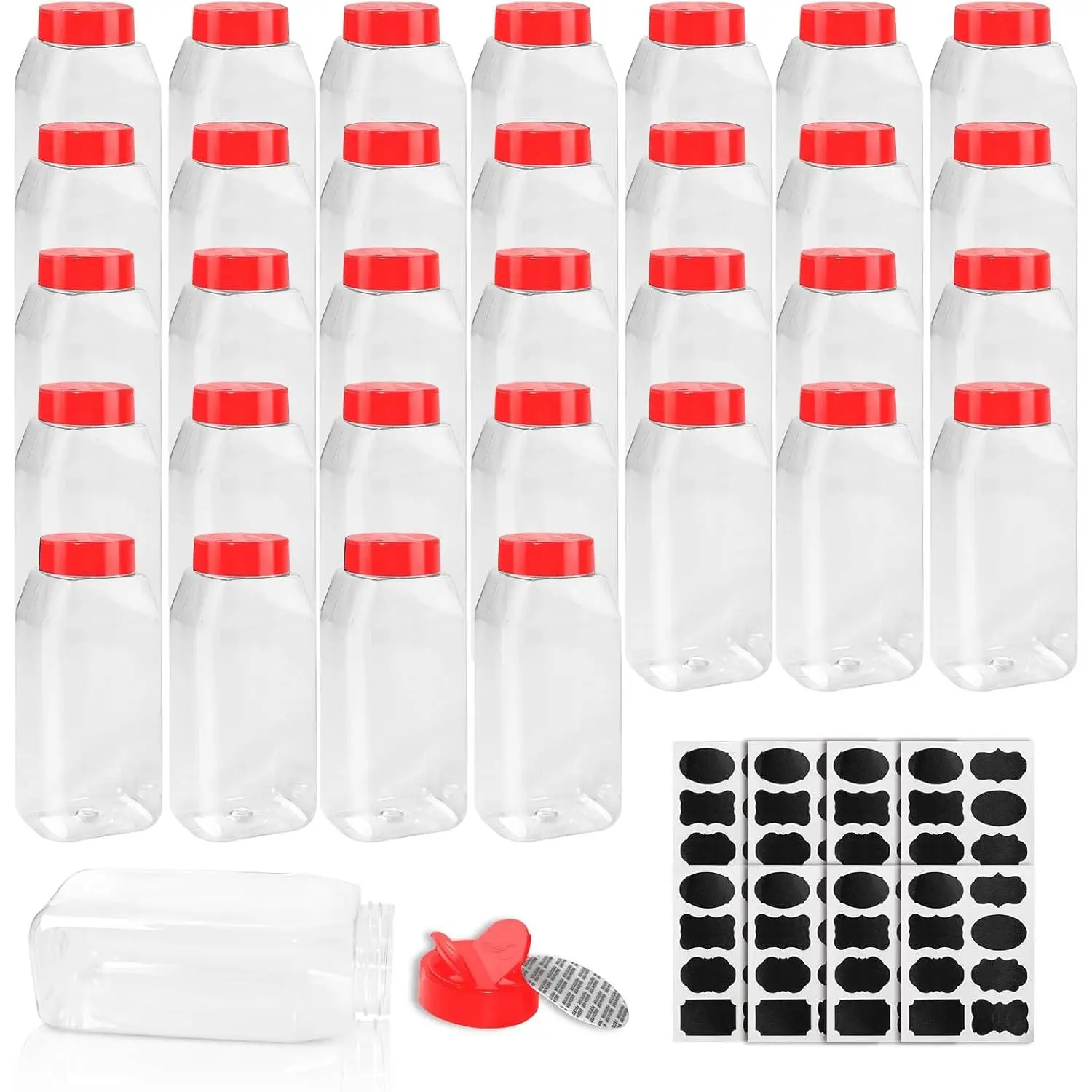 34 Pack 16 oz Plastic Spice Jars with Cap Clear Empty Square Bottle With flip lid Reusable Spice Bottle Large Seasoning Jars Powder Storage Container for Storing Seasoning Powders Supplies(Red)