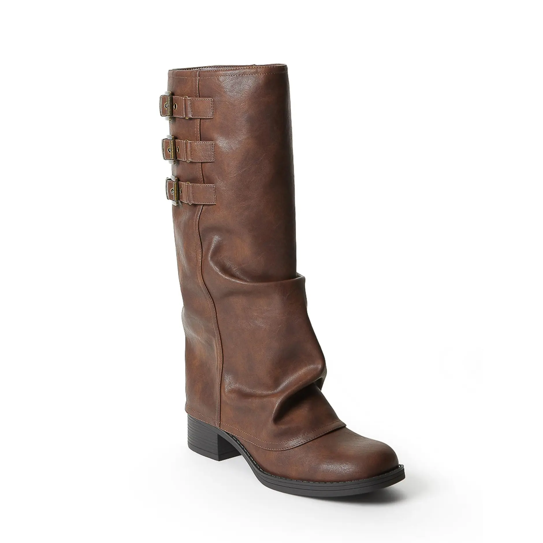JUST FAB Women's Vintage Moto Slouch Mid Calf Boots, Triple Buckle Block Heel Western Boots, Faux Leather Riding Boots for Fall Winter Casual Streetwear