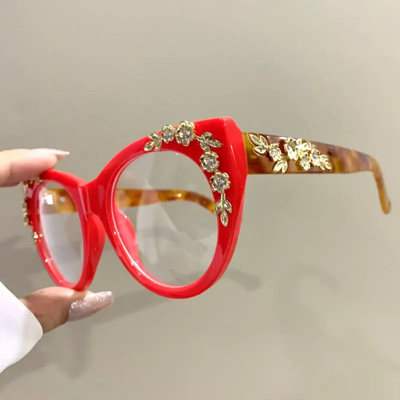 Women's Elegant Leopard & Flower & Rhinestone Decor Eyeglasses, Trendy Casual Cat Eye Frame Eyeglasses for Everyday Use, Fashion Accessories for Women & Girls, Leopard Pattern Eyeglasses, Stylish Trendy Eyewear, Fashion Accessory Eyewear