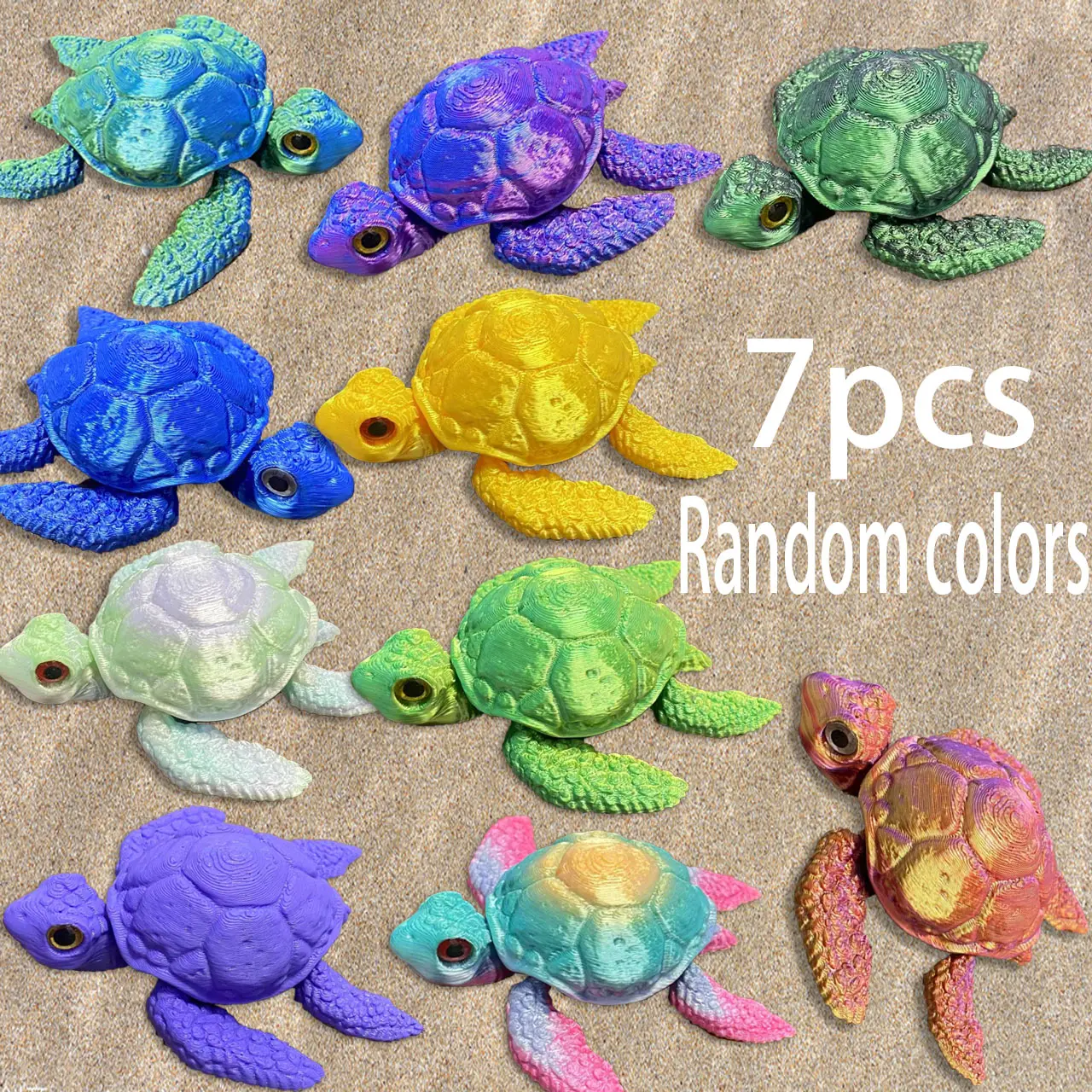 Summerwins 7-Piece Decorative 3D Sculpted Plastic Turtle Statue Set - Collectible Figurine Statues with Turtle Designs, Real Eyes, Colorful Gradient Laser Effect, Flexible Limbs, Desk Accents, Ideal Gift, Building & Outdoor Use
