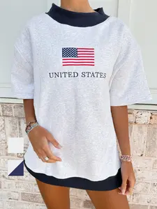 United States Flag Embroider Mockneck Short Sleeve Sweatshirt