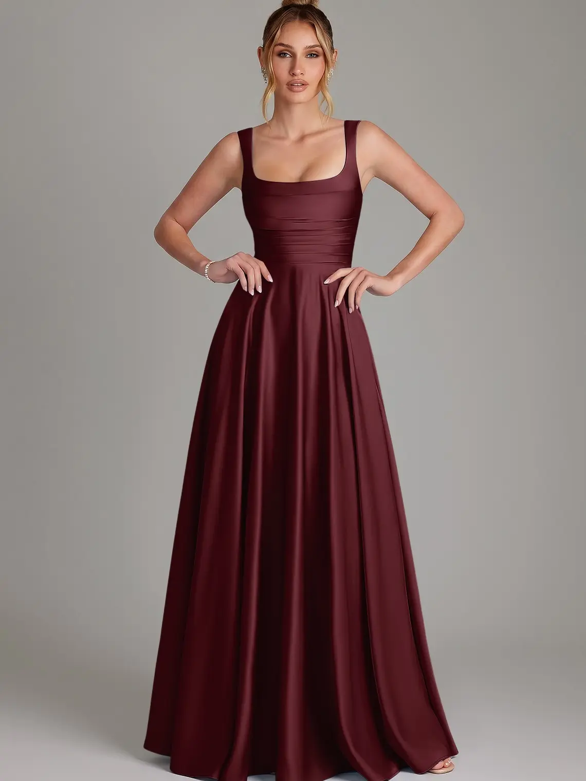 Azazie Azaria Square Neck Corset Pleated A-Line Bridesmaid Wedding Guest Formal Party Dress Stretch Satin sohochic