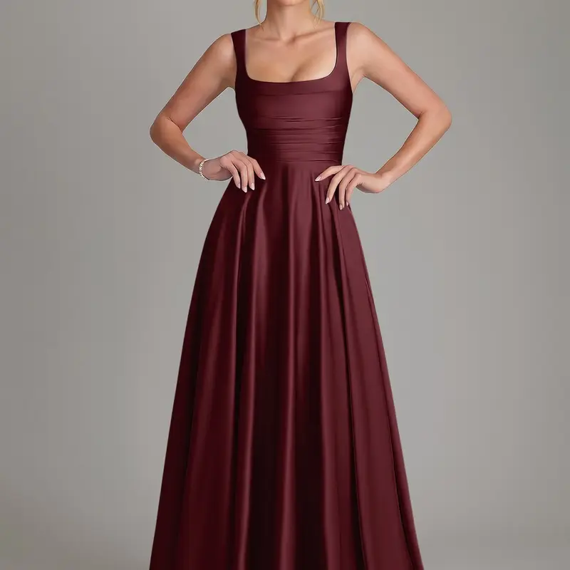 Azazie Azaria Square Neck Corset Pleated A-Line Bridesmaid Wedding Guest Formal Party Dress Stretch Satin sohochic