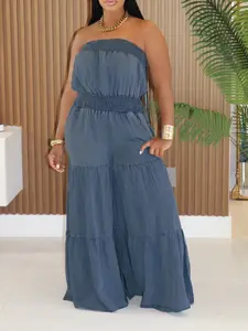 Women's A331 Plain Denim Jumpsuit, Sleeveless Halter Top & High Waist Wide Leg Pants Set, Spring Summer Casual Everyday