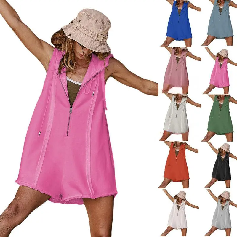 Mundoven Women's Athletic Knit Romper, Casual Comfy Sleeveless Hooded Jumpsuit with Pockets and Zip-Front Neck, Basic, Collared, Fabric, Minimalist, Rompers For Women