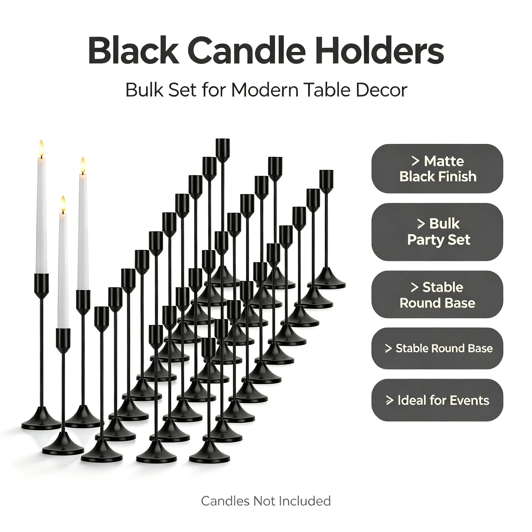 Matte Black Metal Taper Candle Holders - Set of 30, Modern Decorative Table Centerpieces for Wedding, Dining Room Home Decor