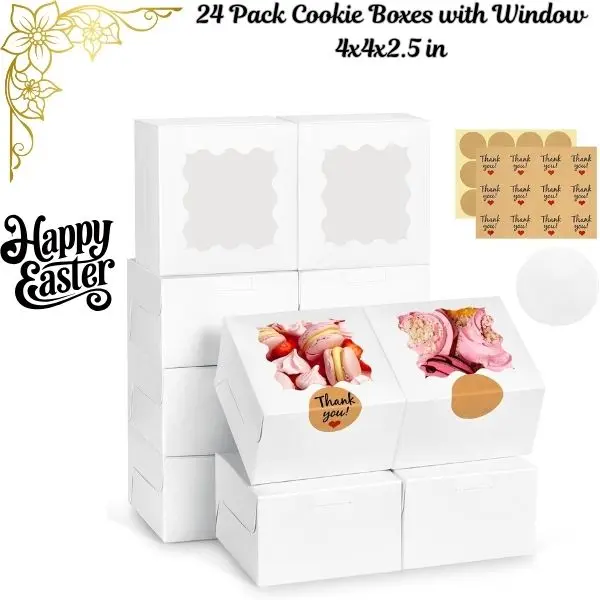 24-Pcs White Windowed Cardboard Bakeware Boxes (4x4x2.5 inches) with Strawberry & Cookie Designs, Stickers, Parchment Paper - Convenient Dessert Boxes for Kids Party Favors, Donuts