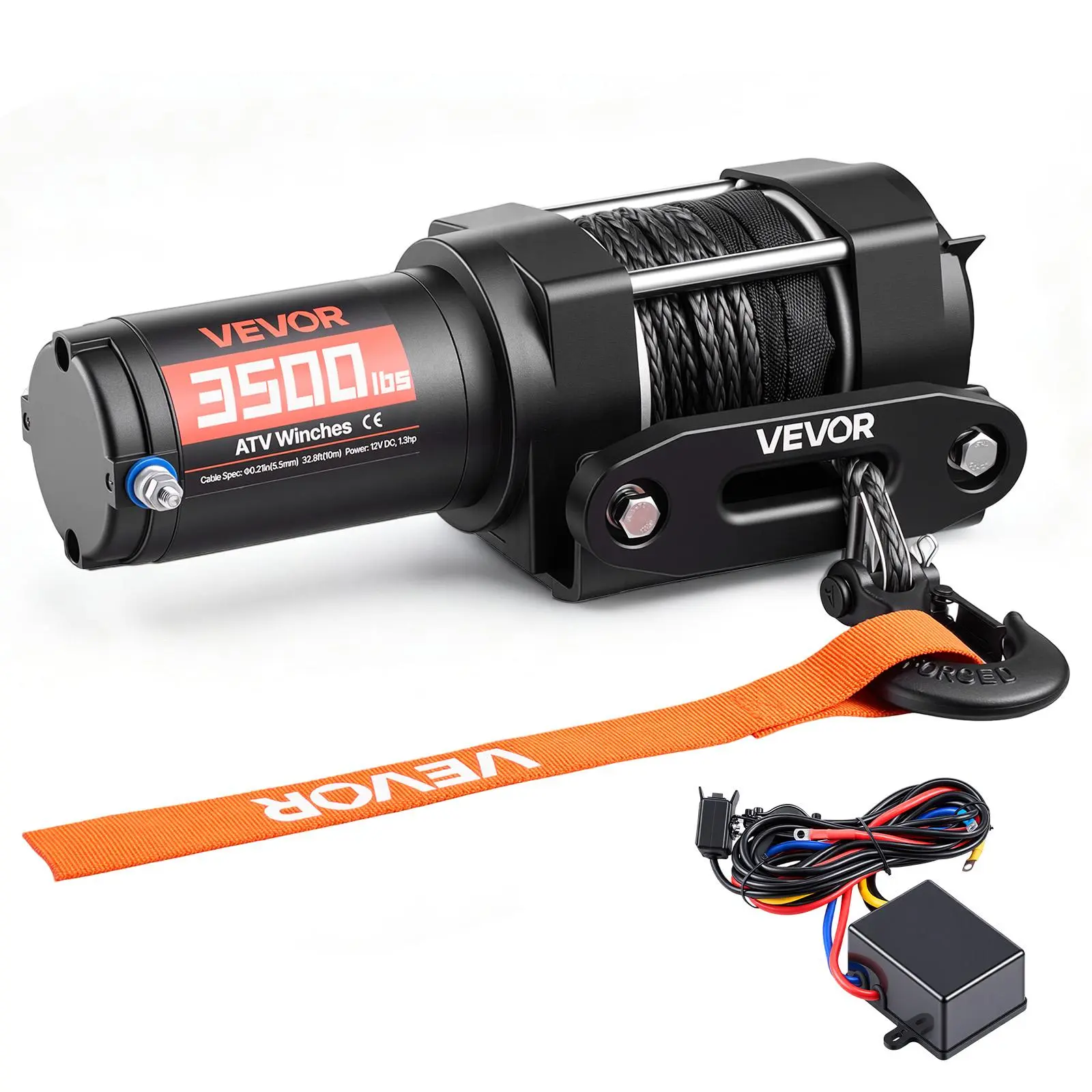 【Summerfinds】VEVOR 3500 lbs Electric Winch,12V DC ATV/UTV Winch with Φ0.21 in x 32.8 ft Synthetic Rope & Wired Remote ControlIP55 WaterproofAluminum Housing Fairlead Mount Plate for Towing ATVBlack
