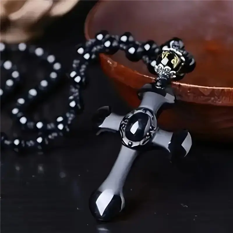 Obsidian Cross Pendant Necklace, Lucky Amulet Protection Talisman With Black Bead Chain, Unisex Gift For Men & Women Obsidian Cross Pendant Necklace, Lucky Amulet Protection Talisman With Black Bead Chain, Unisex Gift For Men & Women