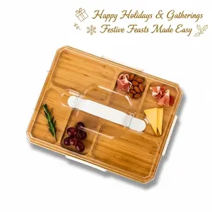 charcuterie board,Portable 6-Compartment Snack & Cold Cuts Serving Tray with Lid ,Features a Transparent Locking Lid and White Carrying Handle; Designed for Travel, Also Doubles as a Cheese Board or Kitchen Cutting Board