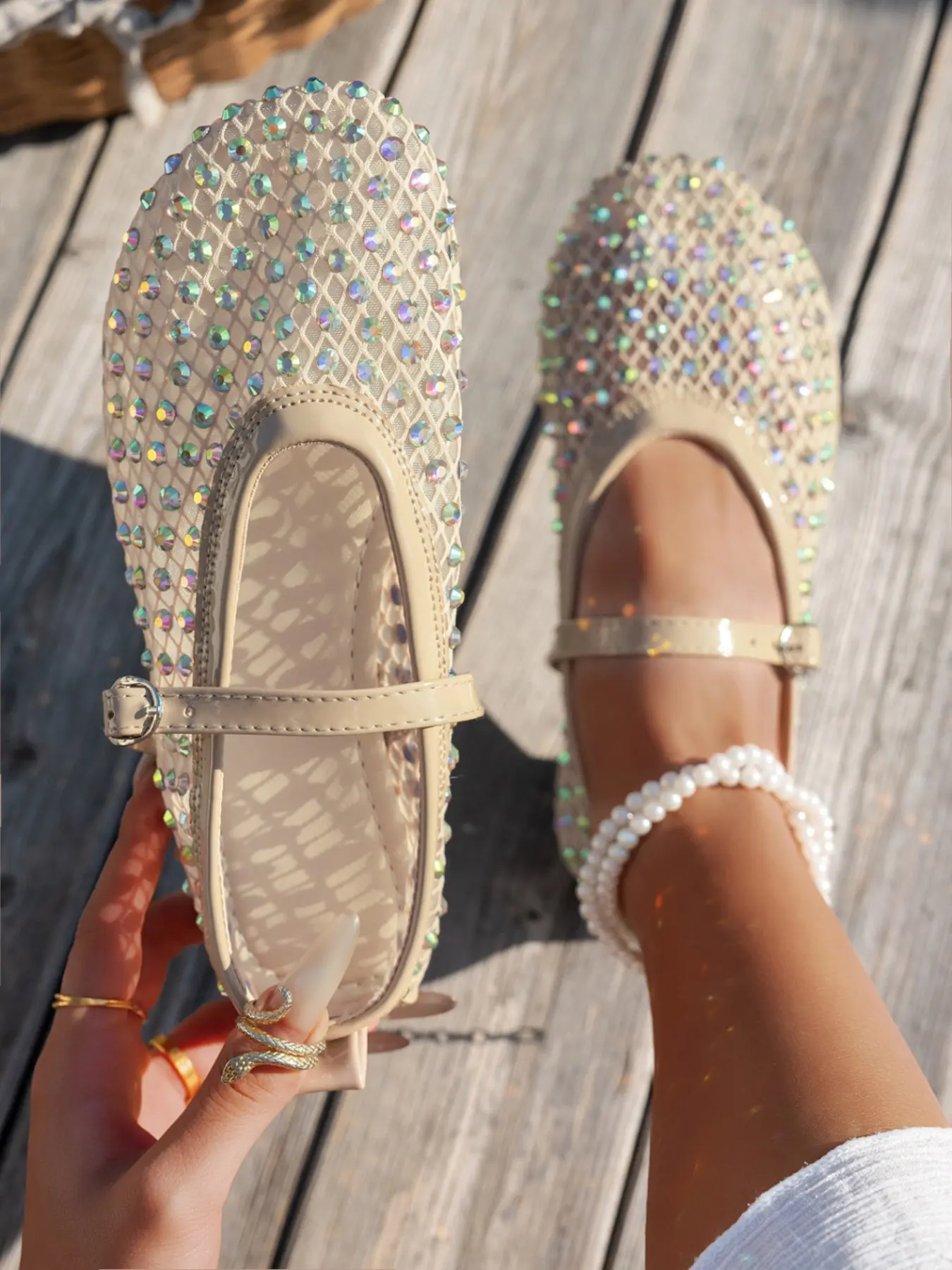 Women's Rhinestone Ballet Flat Shoes, Mesh Transparent Upper, Comfortable Breathable Casual Office Shoes, Versatile Fashion Design, Slip On Flats