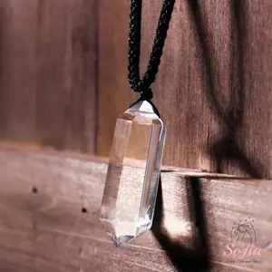 Sofia Natural Clear Quartz Wand Pendant Clear Crystal Double Point Charm Necklace Amulet Adjustable Rope 28 Inch for Women Men Daily Use Valentine's Day Gift