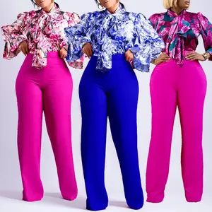 Plus Size Elegant Long Sleeve Printed Blouse Wide Leg Pant Set
