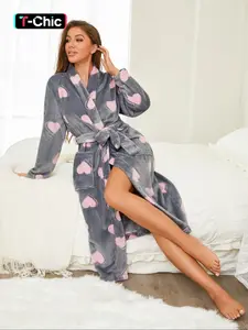 Women's pink heart-shaped printed gray nightgown, thick robe, autumn and winter velvet warm home clothes, Casual loungewear, Nightwear, outdoor leisure vacation pajamas, Womenswear