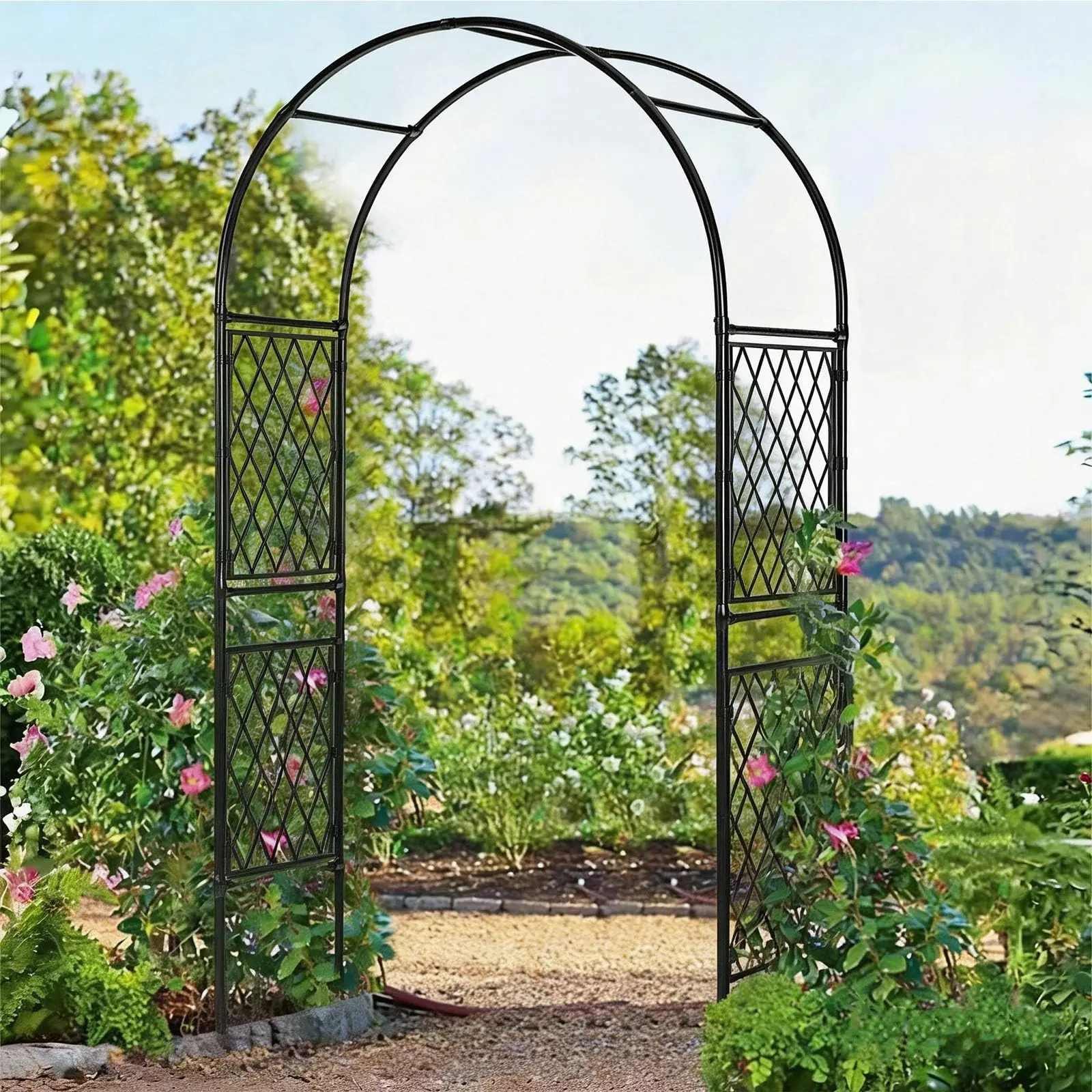 Metal Garden Arbor, 86.6" x 47" Garden Arch Trellis, for Wedding Arch Frame, Climbing Plants, Decorative Archway, Patio, Backyard, Patio, Lawn, Pathway, Seaside, Black