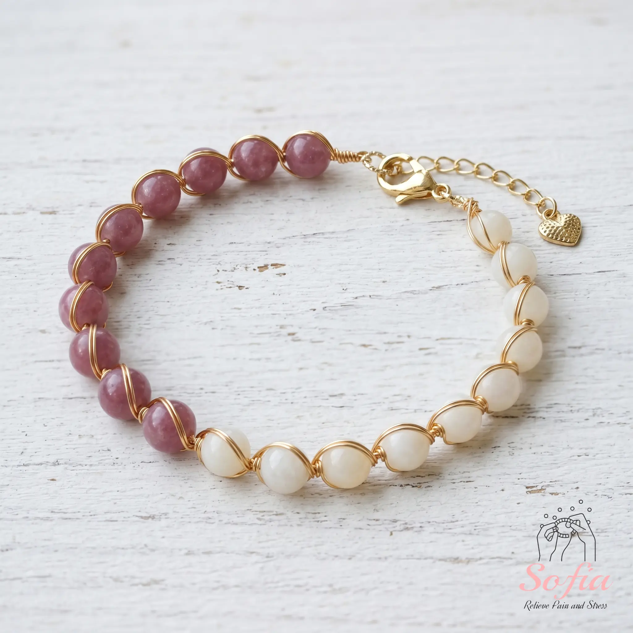 Sofia Natural Moonstone Rose Quartz Wire Wrapped Bracelet | 14K Gold Filled Wired Bracelets | 5MM Beads Boho Style Jewelry, Gifts for her, Mother's Day Gift