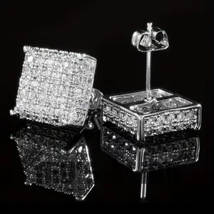 Men's 10mm Square Cubic Zirconia Geometric Stud Earrings - Hip Hop Style Cartilage Bar, Unique Dimetric Design, Sparkle, Lightweight Daily Fashion Costume Jewelry Accessory, Holiday Party Gift