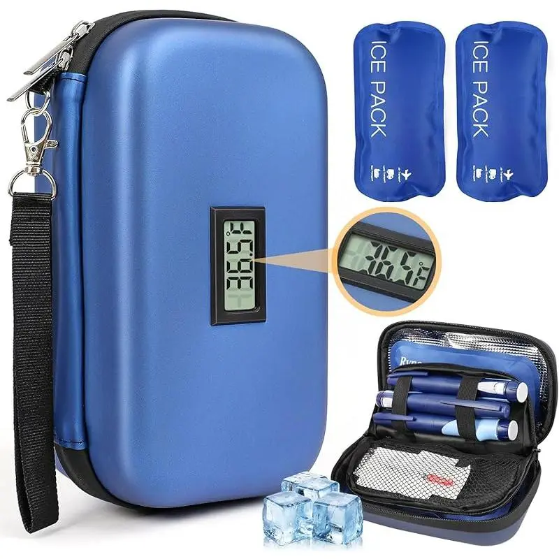 Insulated Lunchbox Cooler - TSA Approved, Portable, Large Capacity, Aerospace Insulated Pearl Cotton, Durable Waterproof Zipper Seal Bag, °F Temp Display, 2 Reusable Ice Packs, Holds 3-5 Insulin Pens for Diabetic Medication Travel Safe