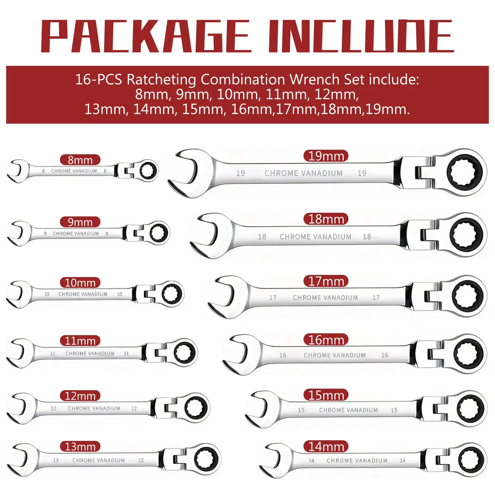 12PCS Flex Head Ratcheting Combination Wrench Set, 8–19mm Metric Chrome Vanadium Steel Ratchet Wrenches, 72-Tooth Flexible Box End Spanner Kit with Storage Roll Pouch for Automotive, Bike Repair & Household Use