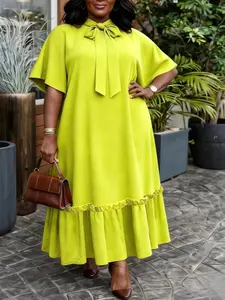 Plus Size Elegant Women Straight Dress Bow Collar Short Sleeves Loose Long Ruffles Hem Africa Simple Solid Party Church Casual Holiday Daily Wear