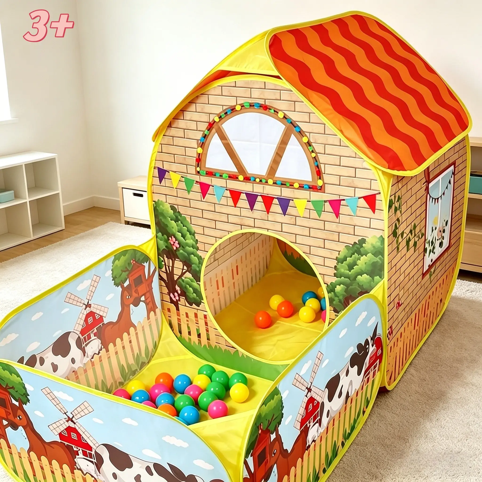 Kids' Garden Farm Villa Tent with Ball Pit | Large Portable Foldable Yellow Playhouse | Pop-Up Castle Tent | Outdoor Party & Beach Toy | Holiday Gift (Birthday/Christmas/Thanksgiving/Halloween) | No Accessories, Lights or Balls | Toddler Play Tent