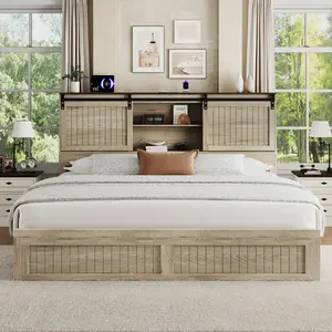 【Mother's Day】Belffin King Bed Frame with Headboard, 2 Storage Drawers& Charging Ports, No Box Spring Needed, Noise-Free, White Wooden Bed – Perfect for Summer Bedroom Refresh