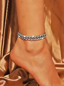 Women's Punk Style Rhinestone Cuban Chain Anklet, Alloy Material, Trendy Jewelry, All Season Foot Jewelry Accessory, Unique Design for Women, Vibrant Sparkle, Punk Aesthetic, Summer Jewelry