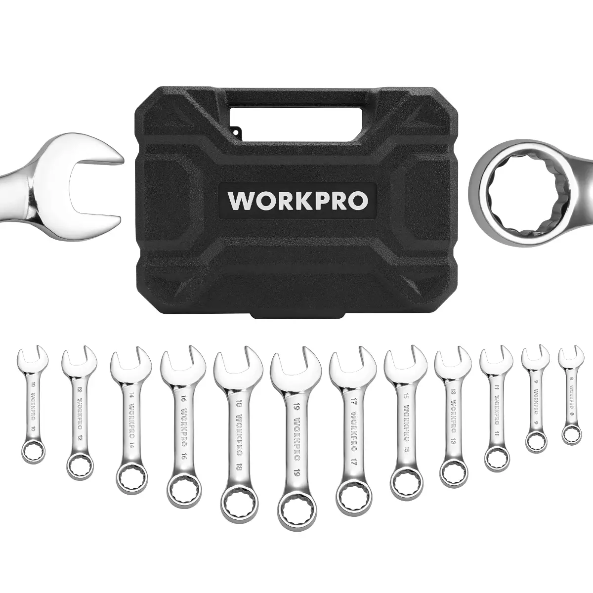 #fathersdaygift WORKPRO 12-Pack Stubby Wrench Set, Metric 8-19mm, Cr-V Steel, Small Combination Wrenches Set with Premium Storage Case