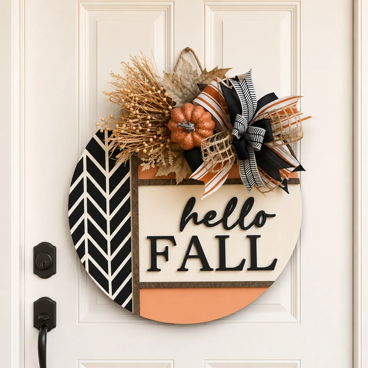 Wooden Pumpkin Door Hanger - 3D Hello Fall & Harvest Bow Design, Rustic Farmhouse Front Door Decor, Welcome Gift for Occasions
