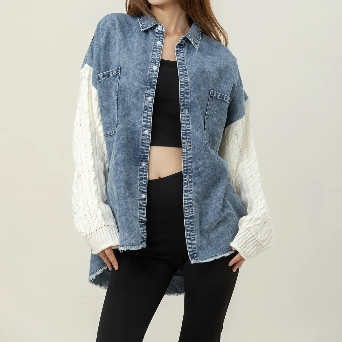MIDIR0SS Denim Shacket with Knit Sweater Sleeves – Casual Oversized Button-Up