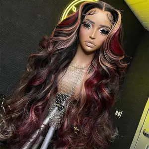180% Density Black Red Wig Burgundy Highlight Wig Human Hair Body Wave Lace Front Wigs Human Hair 13X4 HD Lace Front Human Hair Wigs Pre Plucked with Baby Hair